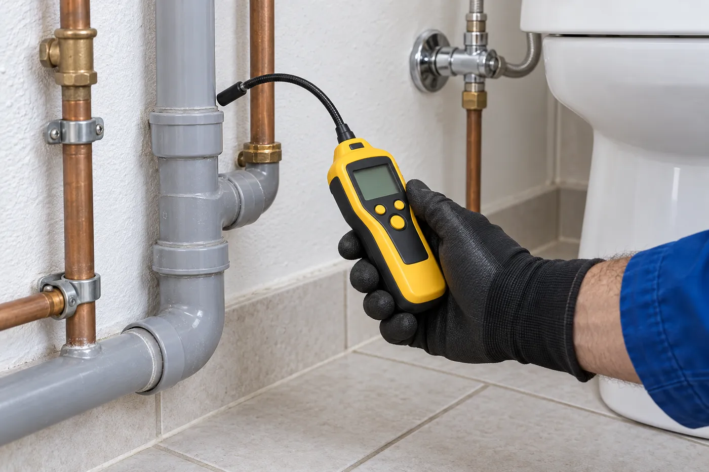 Détecteur de gaz traceur tenu près des canalisations d'une salle de bain pour localiser une fuite cachée à Vanves (92170)